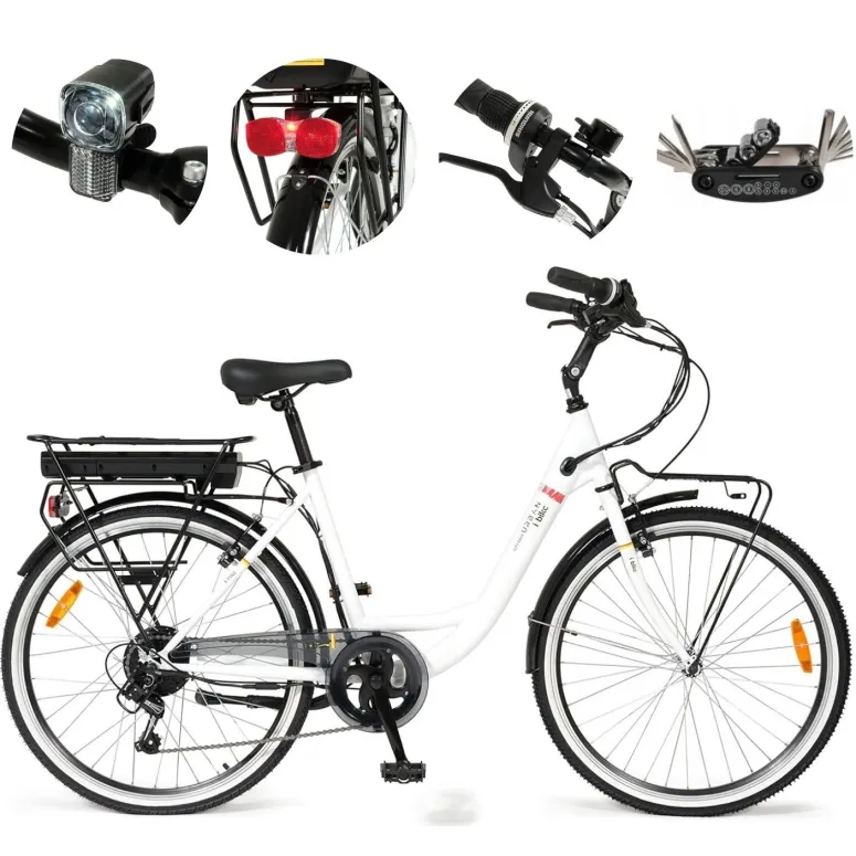 Elektryczny Rower Miejski 26 Wspomaganie Błotniki Bagażnik Światła Dzwonek