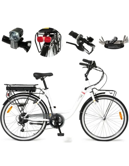 Elektryczny Rower Miejski 26 Wspomaganie Błotniki Bagażnik Światła Dzwonek