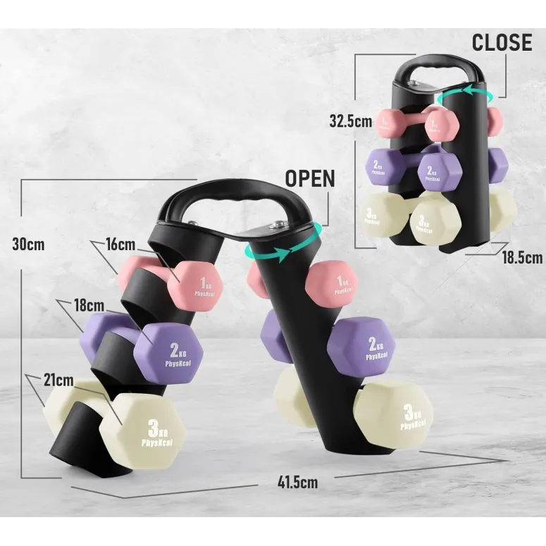 Hantle Ciężarki Zestaw 6 Hantli 12kg PhysKcal Ze Stojakiem Fitness Cardio