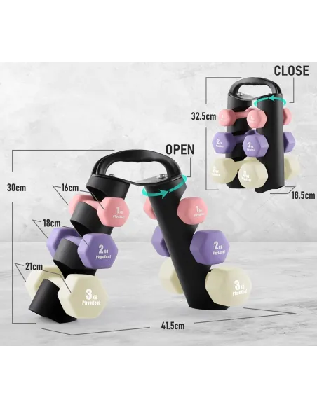 Hantle Ciężarki Zestaw 6 Hantli 12kg PhysKcal Ze Stojakiem Fitness Cardio